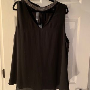 V-cut black tank top with jewel neckline- Torrid